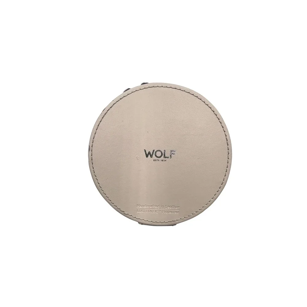 Wolf Jewelry Travel Case Women Small Beige Good Leather LusterLoc Round Zip